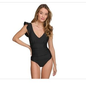 DKNY Black Ruffle Sleeve Women's One Piece Medium